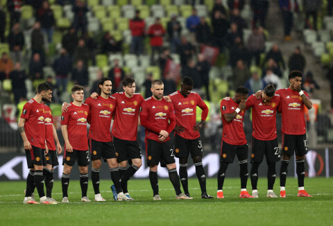 DISSE SPILLERNE SCORET PÅ STRAFFESPARK: Fra venstre: Bruno Fernandes, Juan Mata, Daniel James, Edinson Cavani, Victor Lindelöf, Luke Shaw, Axel Tuanzebe, Fred, Alex Telles og Marcus Rashford. Villarreal CF v Manchester United - UEFA Europa League Final