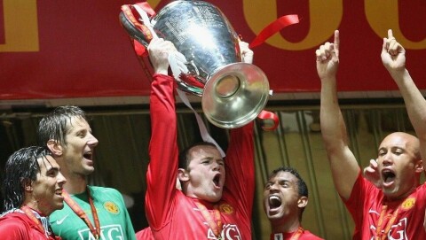 CHAMPIONS LEAGUE-VINNER: I United opplevde Wayne Rooney å vinne det som kunne vinnes i tillegg til å bli tidenes toppscorer i United. Her jubler den ferske Derby-manageren for Champions League-triumfen i Moskva i 2008.