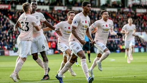SEIERSBRØL I SØR: United-spillerne jubler etter Marcus Rashfords sene scoring mot Bournemouth tidligere i høst. Den gangen vant United 2-1 og søndag møtes lagene på ny på Old Trafford.