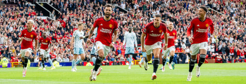 MANCHESTER, ENGLAND - AUGUST 26: Bruno Fernandes of Manchester United celebrates scoring their third goal during the Premier League match between Manchester United and Nottingham Forest at Old Trafford on August 26, 2023 in Manchester, England. (Photo by Ash Donelon/Manchester United via Getty Images)