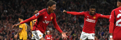 MANCHESTER, ENGLAND - AUGUST 14: Raphael Varane of Manchester United celebrates after scoring the team's first goal during the Premier League match between Manchester United and Wolverhampton Wanderers at Old Trafford on August 14, 2023 in Manchester, England. (Photo by Gareth Copley/Getty Images)