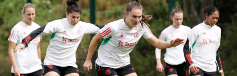 MANCHESTER, ENGLAND - AUGUST 31:  Vilde Boe Risa of Manchester United in action with team-mates during a Manchester United Women Training Session at Carrington Training Ground on August 31, 2023 in Manchester, England. (Photo by Charlotte Tattersall - MUFC/Manchester United via Getty Images)