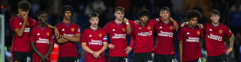 STOCKPORT, ENGLAND - AUGUST 22: Manchester United U21 line up for a penalty shoot out after the Papa Johns Trophy match between Stockport County and Manchester United U21 at Edgeley Park on August 22, 2023 in Stockport, England. (Photo by Matthew Peters/Manchester United via Getty Images)