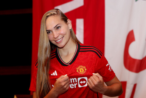 MANCHESTER, ENGLAND - SEPTEMBER 14: (EXCLUSIVE COVERAGE)  Irene Guerrero of Manchester United Women poses after signing for the club at Old Trafford on September 14, 2023 in Manchester, England. (Photo by Charlotte Tattersall - MUFC/Manchester United via Getty Images)