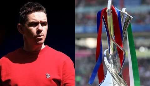 Marc Skinner. Champions League-trofé. United-manager Marc Skinner og Champions League-trofeet.