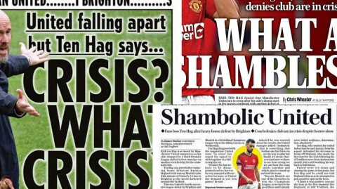 Engelske avisforsider etter Uniteds tap mot Brighton.