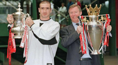 SUKSESSDUO: Eric Cantona hadde en helt spesiell plass i Sir Alex Fergusons hjerte. Her poserer de to med Fa cupen og Premier League-troféet i 1996 etter at franskmannen hadde vært med å sikre United den andre 'Double'-triumfen under Ferguson.