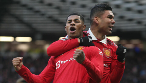 MANCHESTER, ENGLAND - JANUARY 14: Marcus Rashford of Manchester United celebrates scoring their second goal during the Premier League match between Manchester United and Manchester City at Old Trafford on January 14, 2023 in Manchester, England. (Photo by Matthew Peters/Manchester United via Getty Images)
