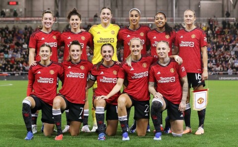LEIGH, ENGLAND - OCTOBER 10: Manchester United Women's team line up for a team photo ahead of the Women's UEFA Champions League match between Manchester United Women and Paris Saint-Germain Feminines at Leigh Sports Village on October 10, 2023 in Leigh, England. (Photo by Charlotte Tattersall - MUFC/Manchester United via Getty Images)