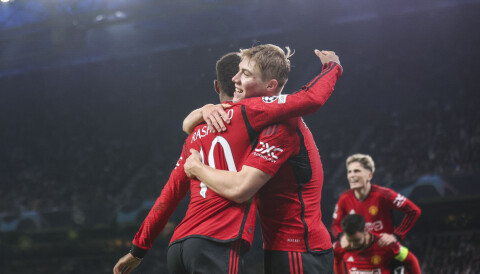 COPENHAGEN, DENMARK - NOVEMBER 08: Rasmus Hojlund of Manchester United celebrates with teammate Marcus Rashford after scoring the team's second goal during the UEFA Champions League match between F.C. Copenhagen and Manchester United at Parken Stadium on November 08, 2023 in Copenhagen, Denmark. (Photo by Maja Hitij/Getty Images)