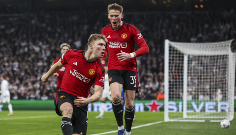COPENHAGEN, DENMARK - NOVEMBER 08: Rasmus Hojlund of Manchester United celebrates after scoring the team's first goal during the UEFA Champions League match between F.C. Copenhagen and Manchester United at Parken Stadium on November 08, 2023 in Copenhagen, Denmark. (Photo by Maja Hitij/Getty Images)