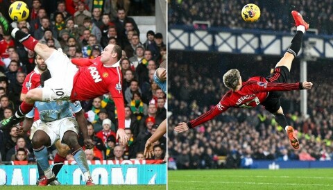 Wayne Rooneys mål mot City i februar 2011 og Alejandro Garnachos mål mot Everton i november 2023, side om side.