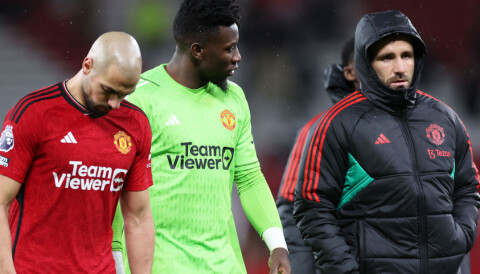 Sofyan Amrabat, André Onana og Luke Shaw som ser skuffet ut etter United 0-3 Bournemouth, 9. desember 2023.