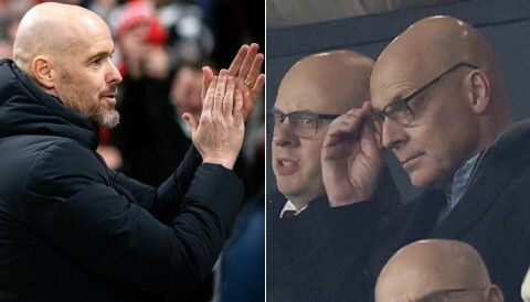 Oppdelt bilde: Til venstre Erik ten Hag som applauderer fansen etter 3-2-snuoperasjonen mot Aston Villa. Til høyre Sir Dave Brailsford på tribunen i samme kamp. 26. desember 2023.