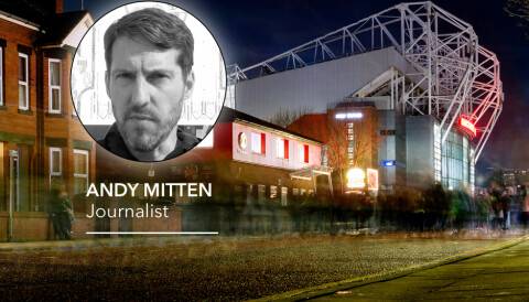Bilde av utsiden av Old Trafford, med Andy Mitten innfelt.