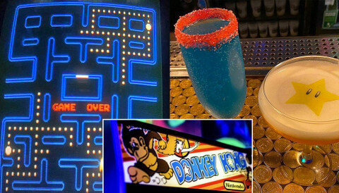 Bilder av Pac Man, drinker og Donkey Kong fra NQ64 i Manchester.