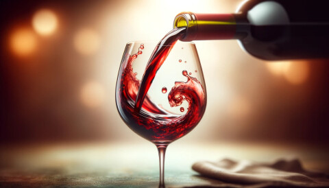 Et glass blir fylt med rødvin. Generert fra Kunstig Intelligens.