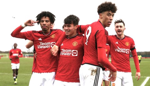 Spennende og hektisk vår for spillerne i akademiet Ethan Williams, Harry Amass (eller Gabriele Biancheri?), Ethan Wheatley og James Nolan feirer mål mot Arsenal U18 i 4-2-seieren 3. februar 2024.