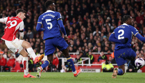 Kai Havertz scorer sitt andre mål for Arsenal mot Chelsea, 23. april 2024.