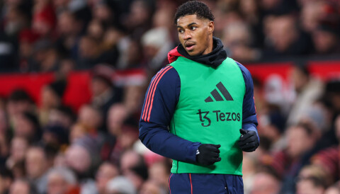 MANCHESTER, ENGLAND - DECEMBER 30: Marcus Rashford of Manchester United warms up during the Premier League match between Manchester United FC and Newcastle United FC at Old Trafford on December 30, 2024 in Manchester, England. (Photo by Robbie Jay Barratt - AMA/Getty Images)
