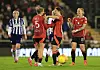 Celin Bizet Ildhusøy, Rachel Williams og Leah Galton feirer Uniteds andre mål mot West Bromwich, et mål som til slutt ble kreditert Bizet. 11. januar 2025.