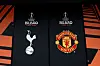 20. mai 2025: Klubblogoene til Tottenham og Manchester United i forkant av Europa League-finalen i Bilbao.