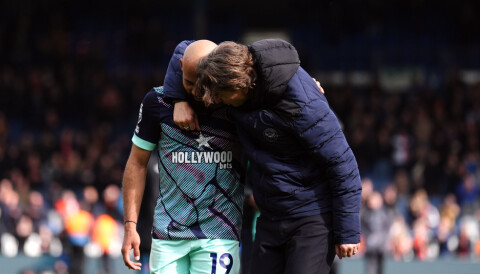 Brentford manager Thomas Frank with Bryan Mbeumo following the Premier League match at Kenilworth Road, Luton. Picture date: Saturday April 20, 2024. (Photo by John Walton/PA Images via Getty Images) Thomas Frank og Bryan Mbeumo for Brentford.