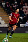 Rachel Williams i aksjon under Manchester United Womens 0-3-tap mot Lyon på Leigh Sports Village, 10. desember 2025.
