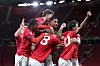 Manchester United-jubel etter Chido Obis avgjørende mål i FA Youth Cup-semifinalen til U18-laget mot Crystal Palace, 17. april 2026. Chido Obi, JJ Gabriel, Jim Thwaites, Samuel Lusale, James Overy, osv.