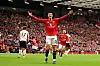 Benjamin Sesko feirer 2-0-målet mot Liverpool på Old Trafford i 3-2-seieren, 3. mai 2026.