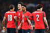Dominic Calvert-Lewin, Harry Maguire, Marcus Rashford og Tina Livramento danner mur for landslaget, England-Uruguay, 27. mars 2026.