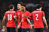 Dominic Calvert-Lewin, Harry Maguire, Marcus Rashford og Tina Livramento danner mur for landslaget, England-Uruguay, 27. mars 2026.