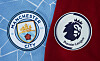 Manchester Citys klubbmerke og Premier League-logoen på blå og rød bakgrunn.