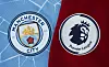 Manchester Citys klubbmerke og Premier League-logoen på blå og rød bakgrunn.