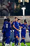 Dan Armer feirer utligningen for U21-laget mot Nottingham Forest sammen med bl.a. Samuel Lusale, Jaume Camacho-Sidos og Jim Thwaites. 16. oktober 2026.