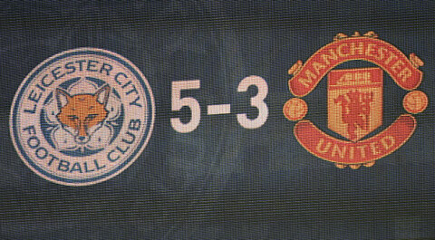 SPESIELL KAMP: Robin van Persie, Ángel Di María og Ander Herrera scoret for United, men det hjalp lite når Leicester scoret fem.