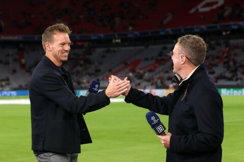 PÅ SIDELINJA: De siste ti årene har Rangnick vært mer sportsdirektør enn trener. Her sammen med tidligere Leipzig-trener Julian Nagelsmann. GettyImages-1343882144