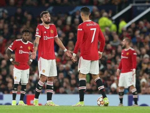 TRØBLET: Bruno Fernandes og Cristiano Ronaldo fikk det ikke til å stemme i førsteomgang mot Atalanta. Manchester United v Atalanta: Group F - UEFA Champions League