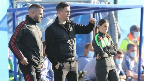 HAR FIRE UAVGJORTKAMPER PÅ RAD: Marc Skinners Manchester United. Everton Women v Manchester United Women - Barclays FA Women's Super League