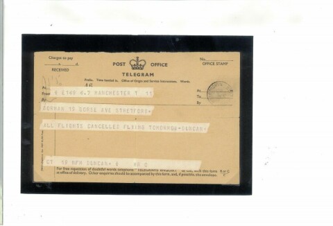 SISTE LIVSTEGN HJEM: Dette er telegrammet som Duncan Edwards sendte til vertsfamilien i Stretford like før katastrofen som kostet ham livet.