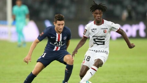 IMPONERENDE UNGGUTT: 18-årige Eduardo Camavinga har gjort sine saker godt i Ligue 1. Her i duell med tidligere United-spiller og nåværende PSG-mann Ander Herrera.