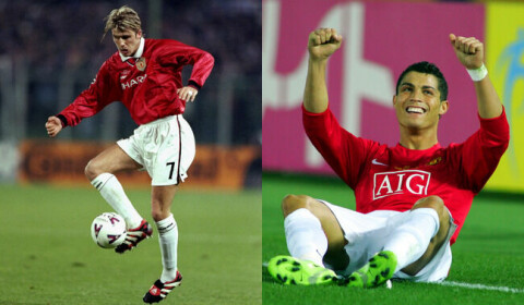 TIDLIGERE VINNERE: David Beckham (1998/99) og Cristiano Ronaldo (2007/08) har begge vunnet prisen Robin van Persie nå er nominert til.