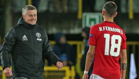 SOLSKJÆR SMILTE: Det må ha vært fordi han elsket det han så av Bruno Fernandes de siste ti minuttene.