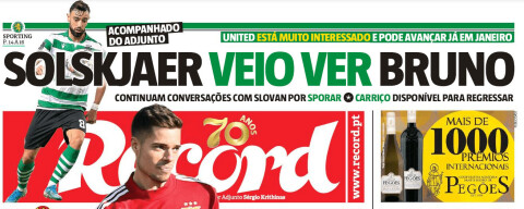 «SOLSKJÆR KOM FOR Å SE BRUNO»: Ole Gunnar Solskjær havnet på forsiden til portugisiske Record på fredag.