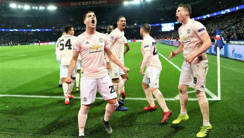 MIRAKELET I PARIS: United-spillerne jubler etter at avansementet er sikret i Champions League med 3-1-seieren mot PSG i Paris.