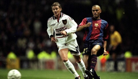 PÅ VEI MOT TREBLE: Ole Gunnar Solskjær i aksjon mot Barcelona i 1998/99-sesongen da United gikk til topps både i Premier League, FA-cupen og ikke minst Champions League, der Solskjær avgjorde finalen mot Bayern München.
