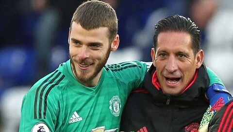 DOMINANT: David de Gea og keepertrener Emilio Alvarez etter seieren mot Leicester der De Gea igjen holdt nullen etter strålende spill.