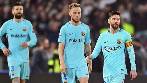 TAP MOT ROMA: Slik så Messi, Pique og Rakitic ut da.