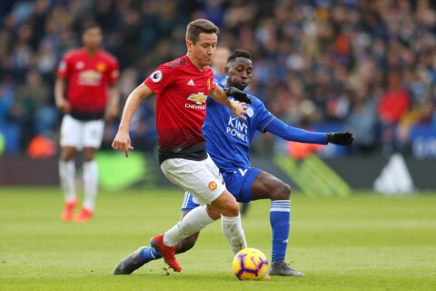 LEICESTER, ENGLAND - FEBRUARY 03: Ander Herrera of Manchester United is challenged by Onyinye Wilfred Ndidi of Leicester City during the Premier League match between Leicester City and Manchester United at The King Power Stadium on February 3, 2019 in Leicester, United Kingdom. (Photo by Catherine Ivill/Getty Images)
