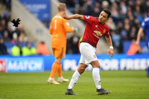 LEICESTER, ENGLAND - FEBRUARY 03: Alexis Sanchez of Manchester United throws his gloves away during the Premier League match between Leicester City and Manchester United at The King Power Stadium on February 3, 2019 in Leicester, United Kingdom. (Photo by Michael Regan/Getty Images)